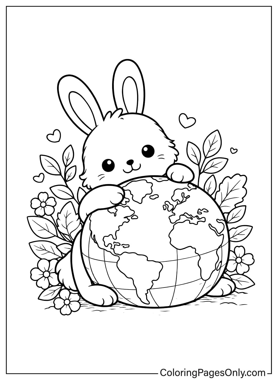 cute bunny hugging the planet earth day coloring page from Earth Day