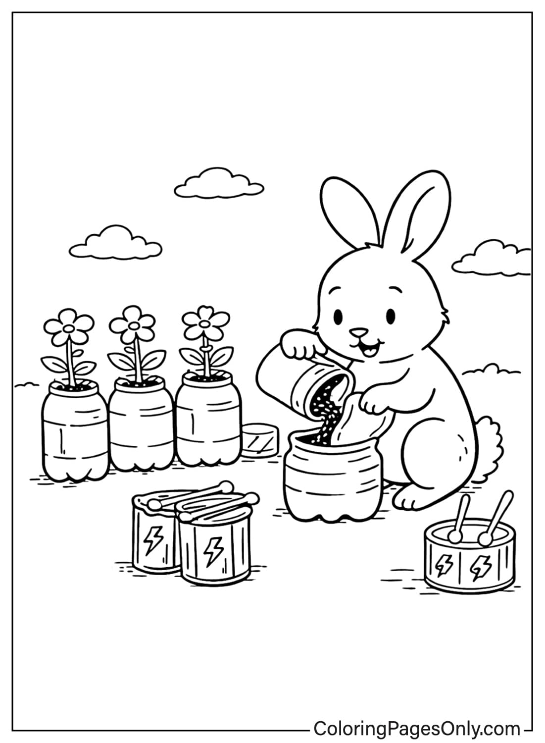 Cute bunny turning plastic bottles into flower pots and toy drums coloring page from Recycling