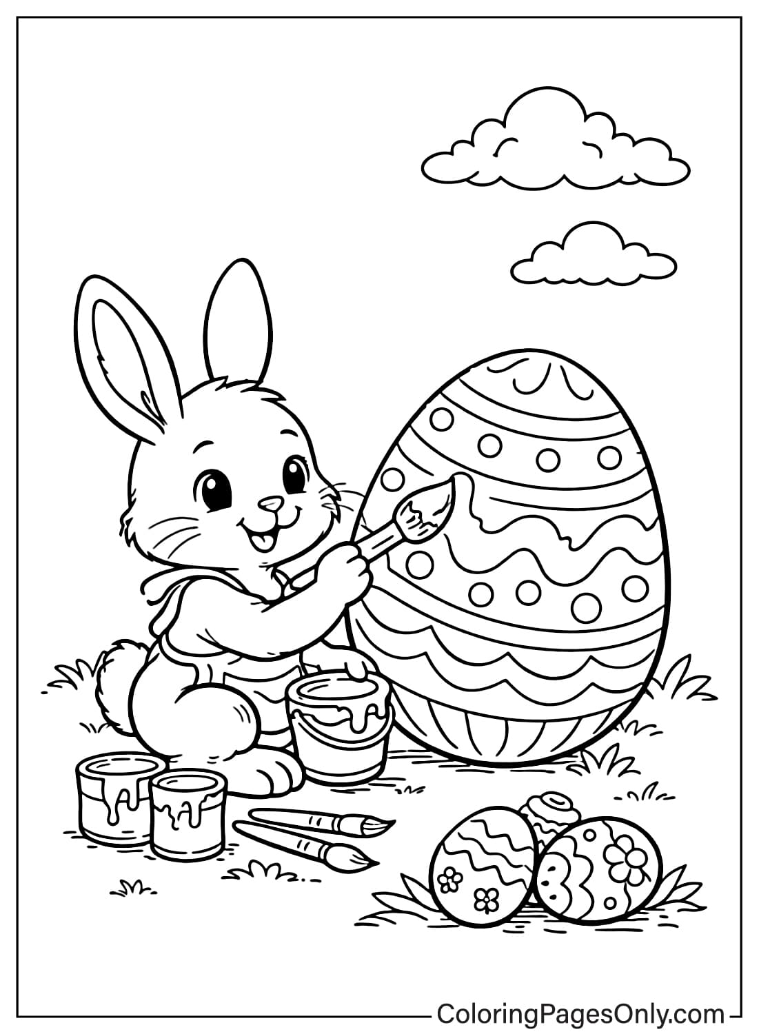 Cute Easter bunny painting a large decorated Easter egg coloring page from Easter Eggs