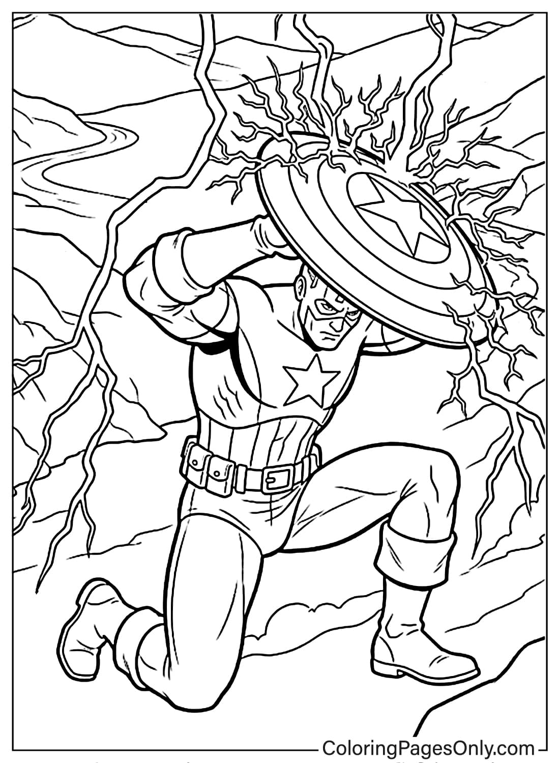 Captain America using his shield to block lightning strikes coloring page from Captain America