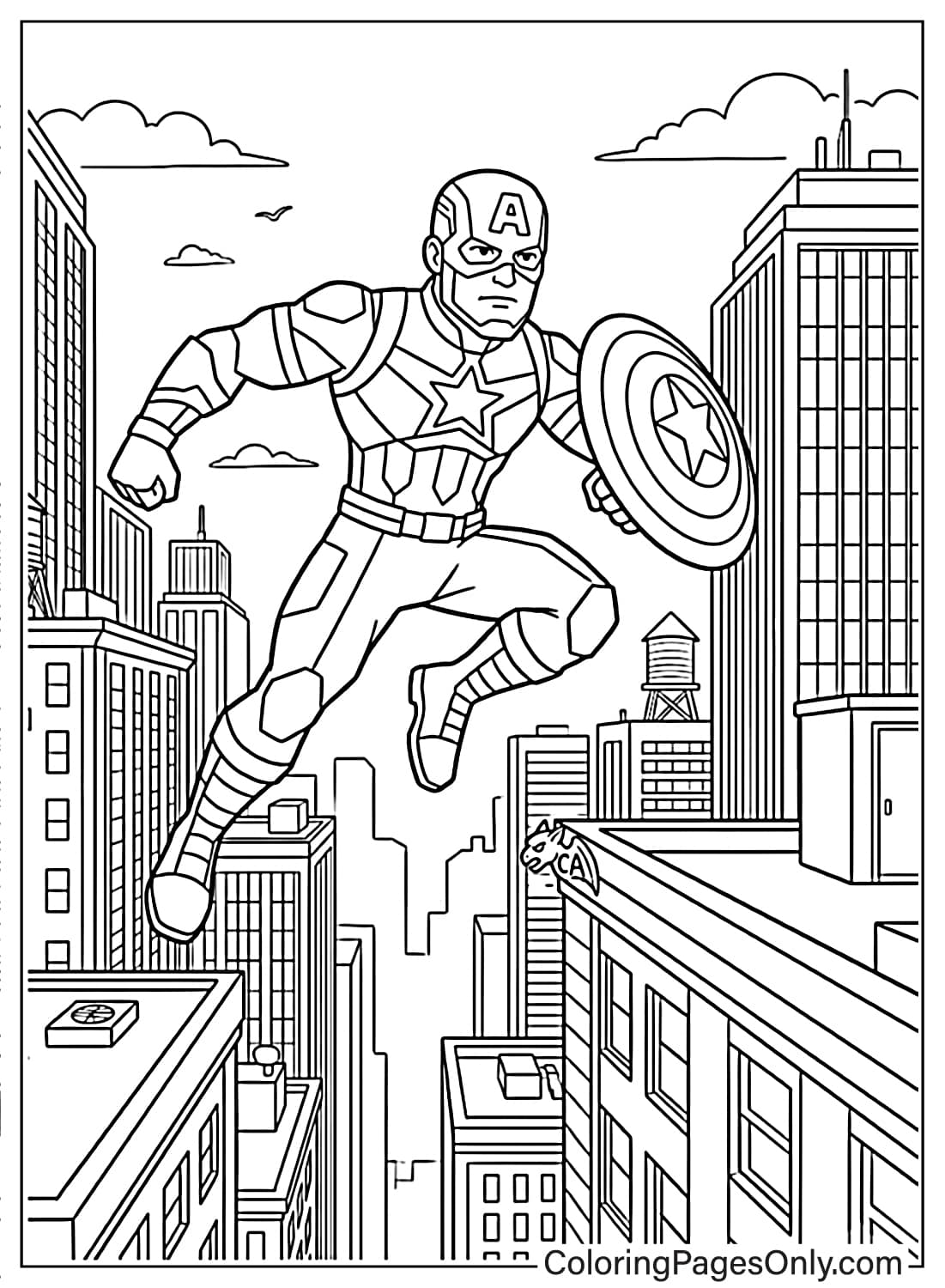 Captain America leaping across city skyscrapers coloring page. from Captain America