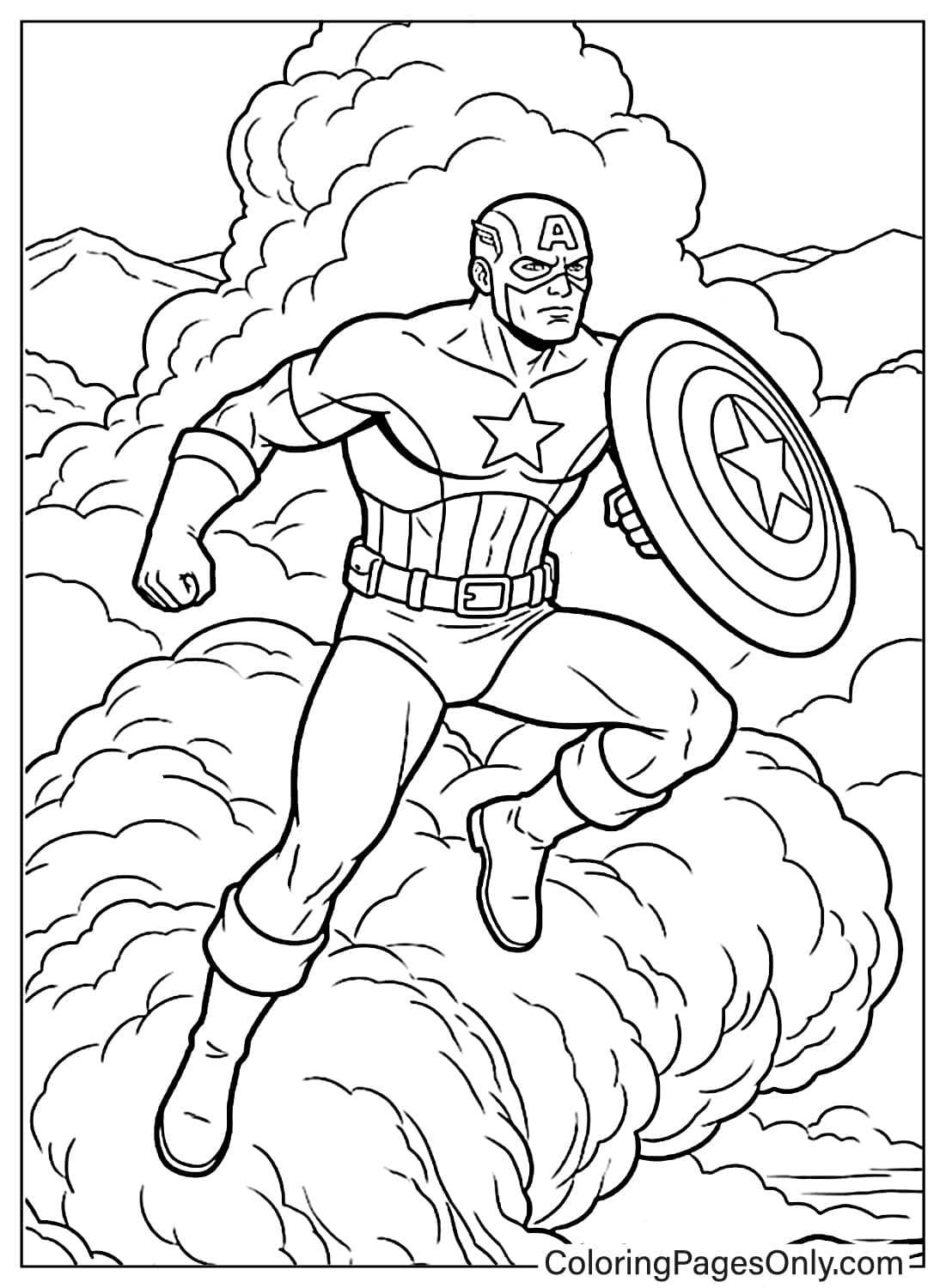 Action shot of Captain America jumping through clouds of smoke coloring page. from Captain America