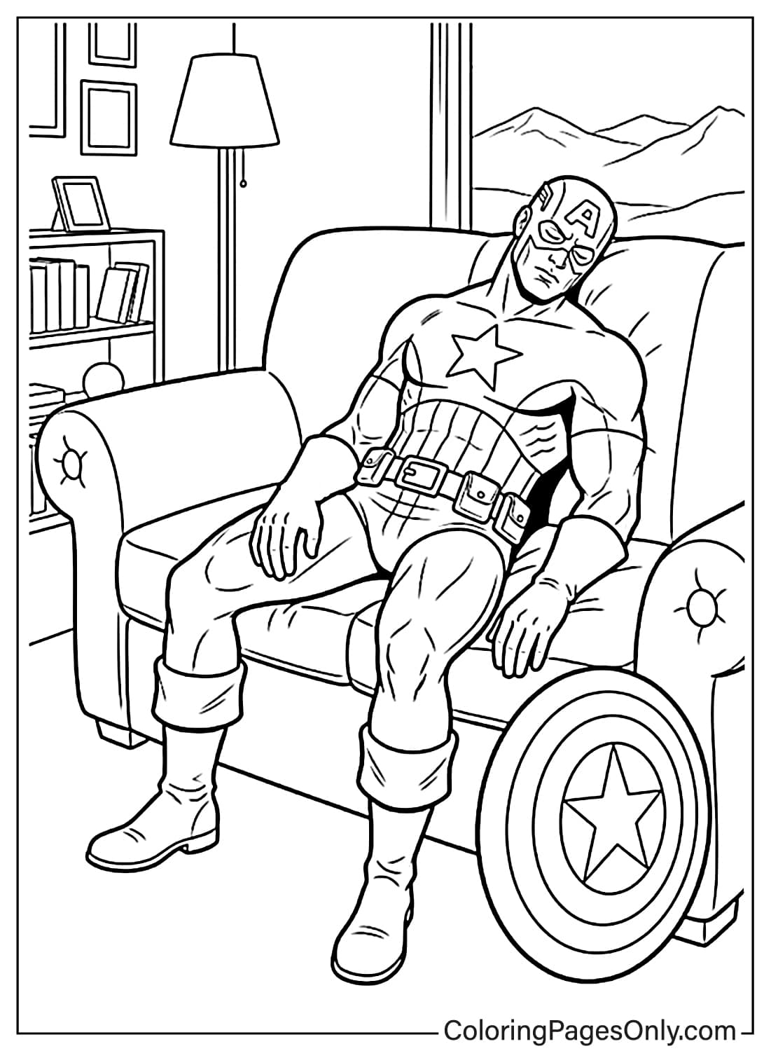 Captain America sleeping on a couch at home coloring page line art. from Captain America