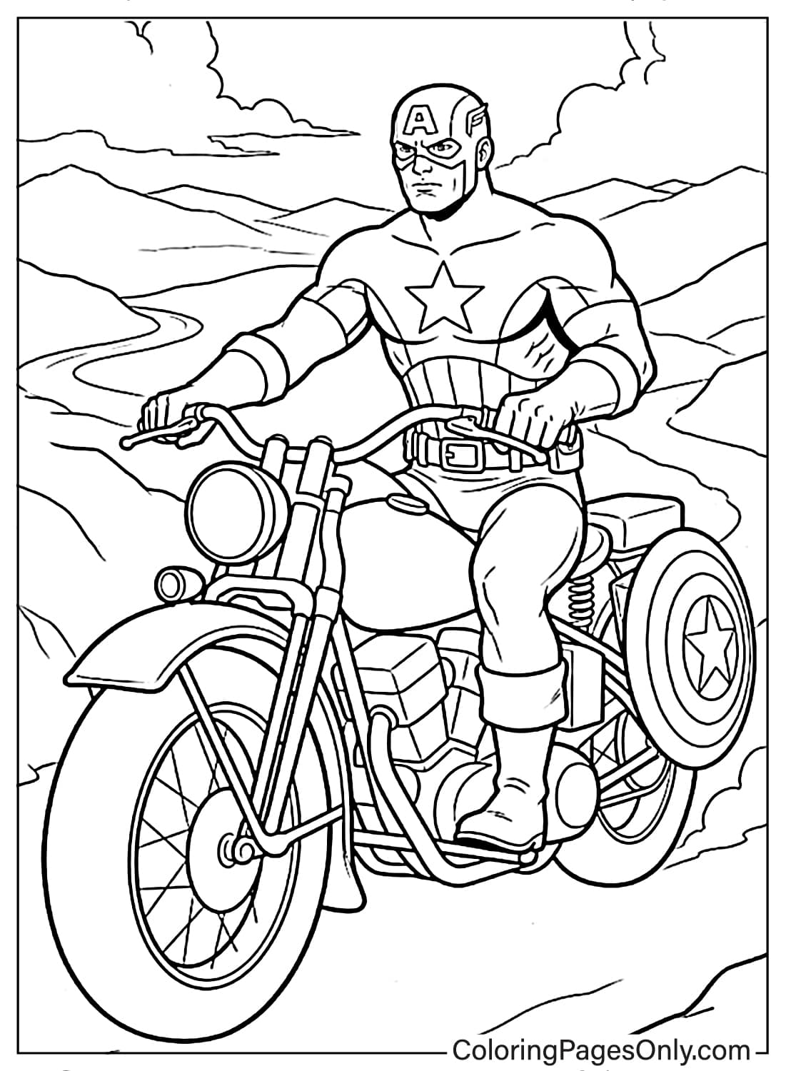 Captain America driving a classic motorcycle on a mountain road coloring page. from Captain America