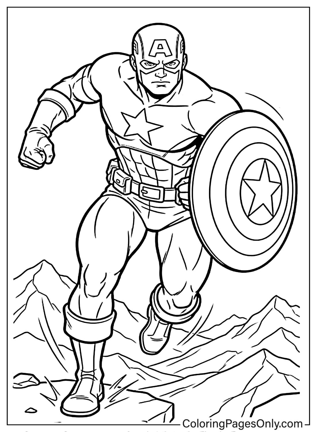 Captain America charging forward with his shield coloring page for boys. from Captain America