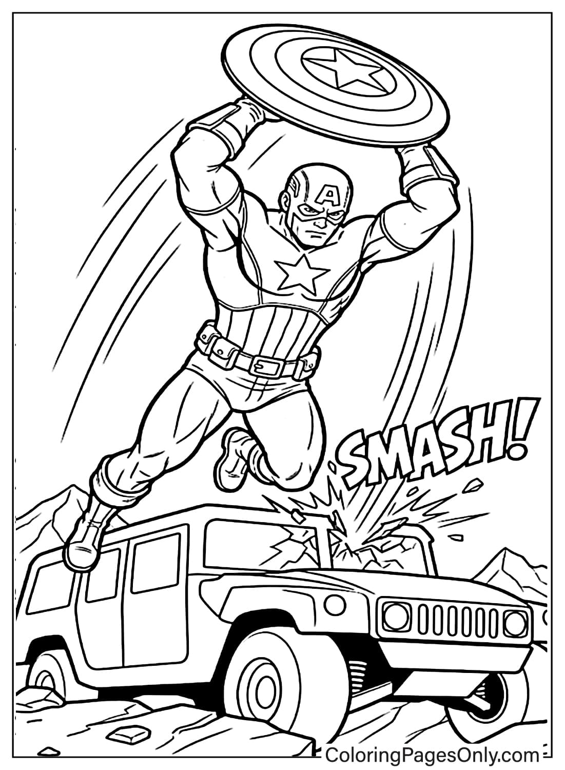 Captain America jumping to smash a car with his shield coloring page. from Captain America