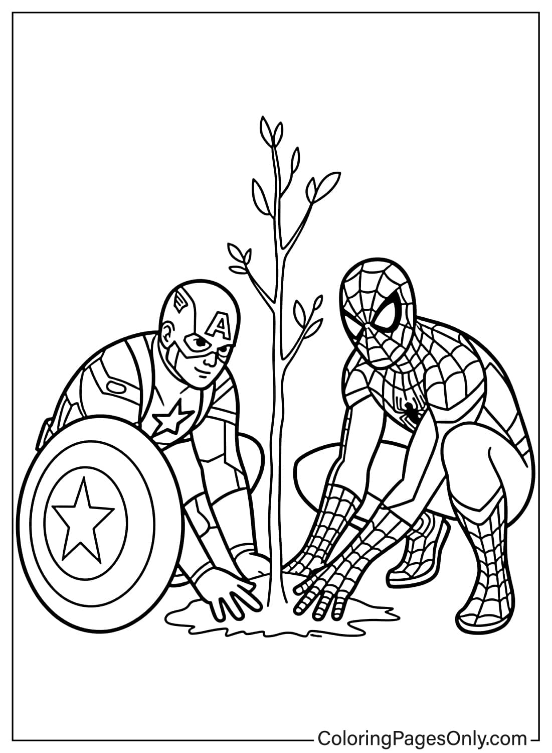 Avengers Coloring Pages Captain America and Spider-Man planting a tree together from Avengers