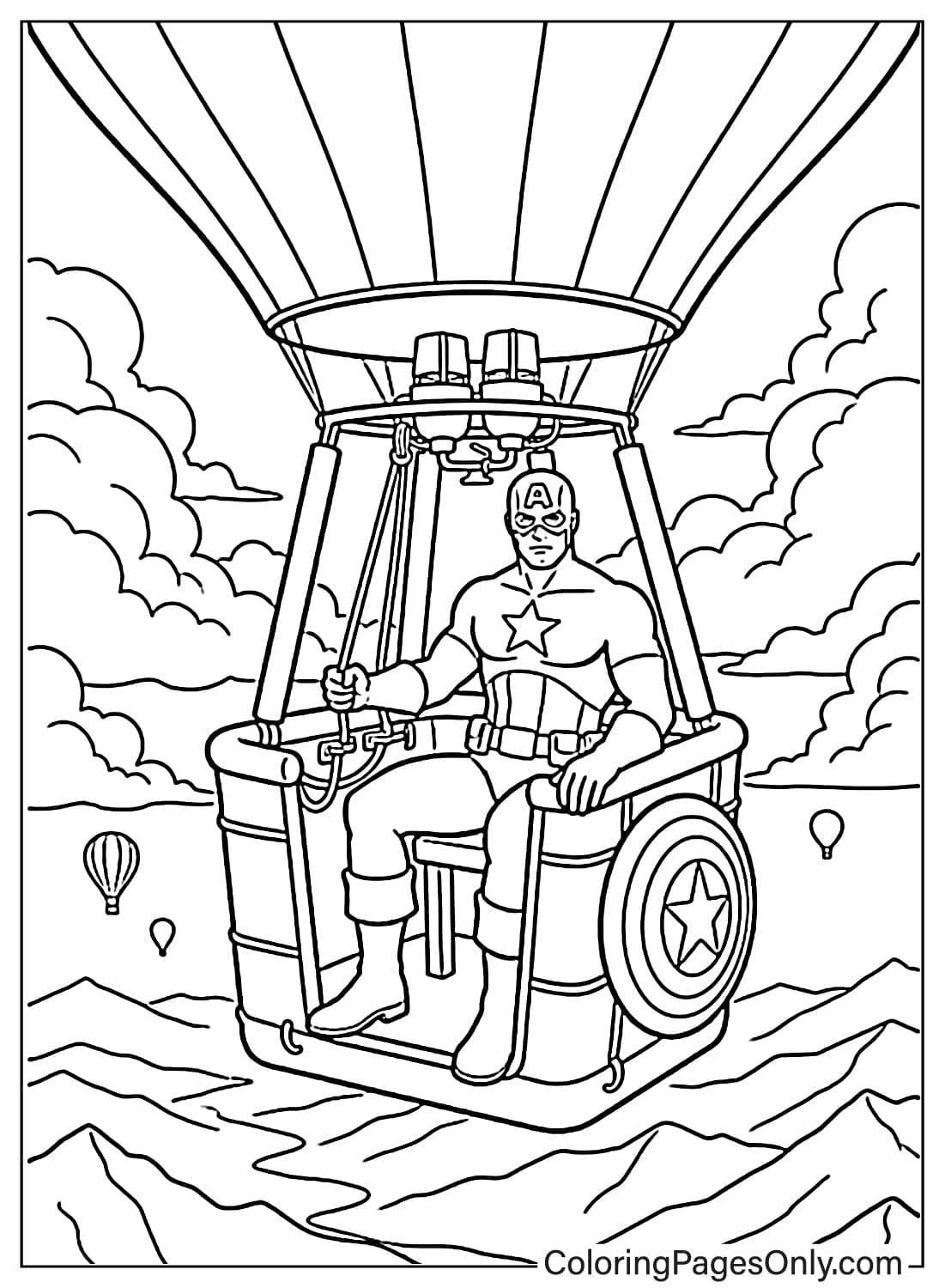 Captain America riding in a hot air balloon over mountains coloring sheet for kids. from Captain America
