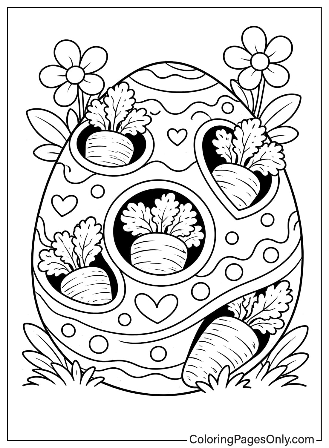 Decorated Easter egg with carrot patterns and flowers coloring page from Easter Eggs