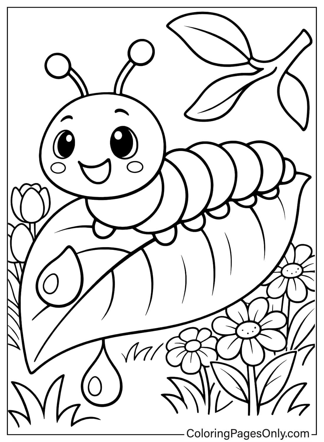 Spring Coloring Pages Cute Caterpillar On Leaf from Spring