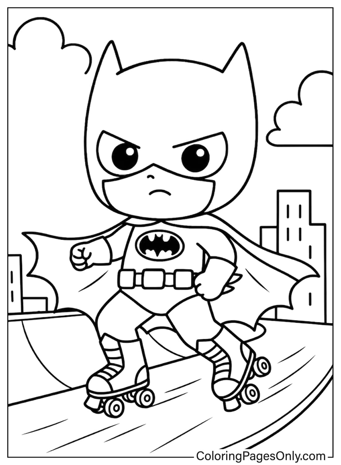 A line art drawing of a young, cute Batman roller skating on a path with a city skyline and clouds in the background. from Batman