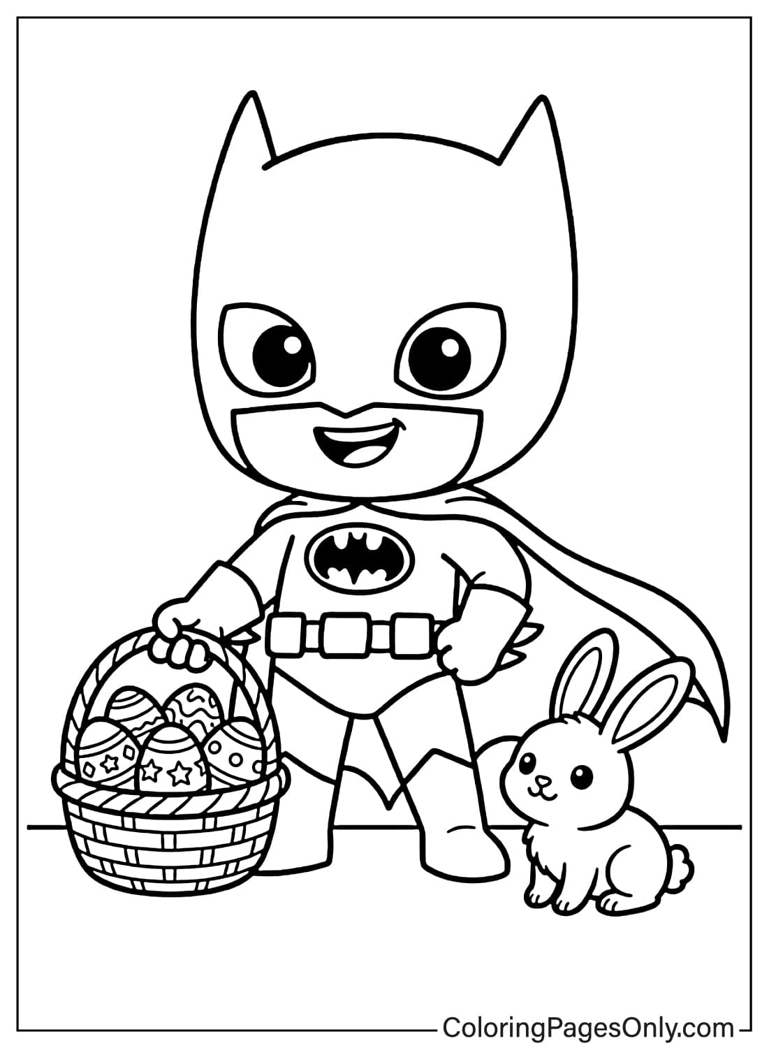 A cute chibi-style Batman coloring page holding a basket full of decorated Easter eggs next to a small bunny. from Batman