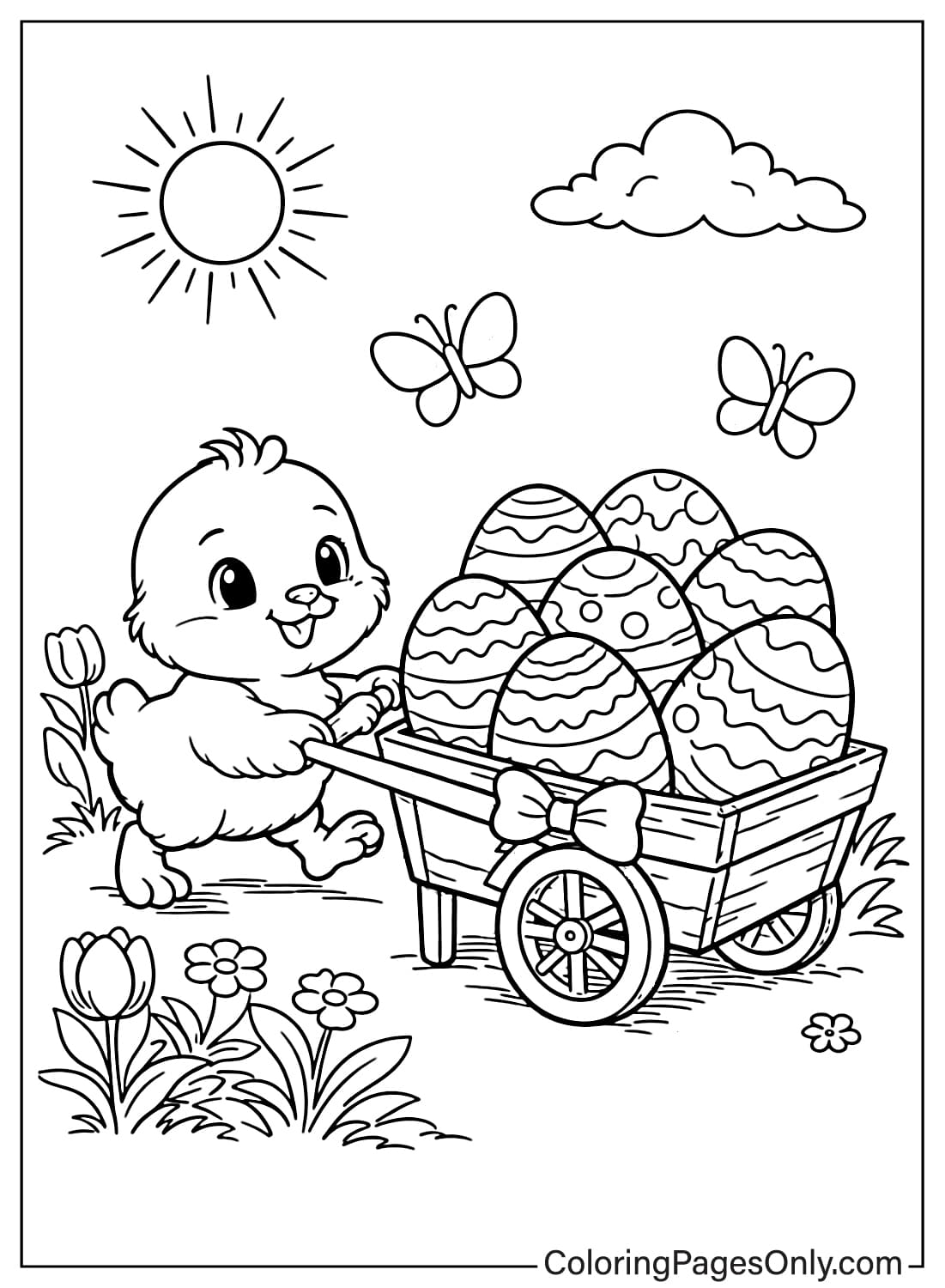 Cute chick pulling a cart full of decorated Easter eggs coloring page from Easter Eggs