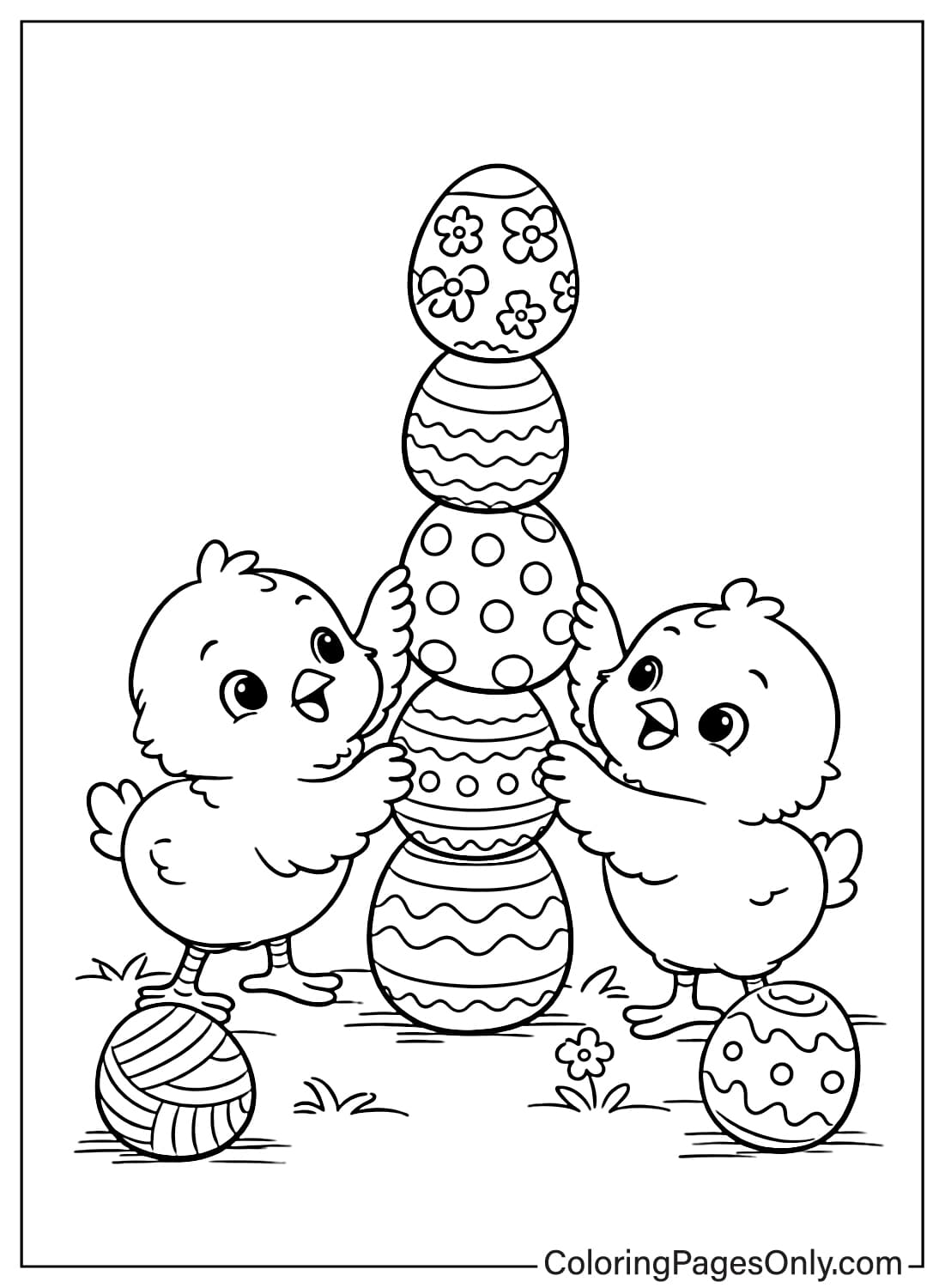 Two cute chicks stacking decorated Easter eggs coloring page from Easter Eggs