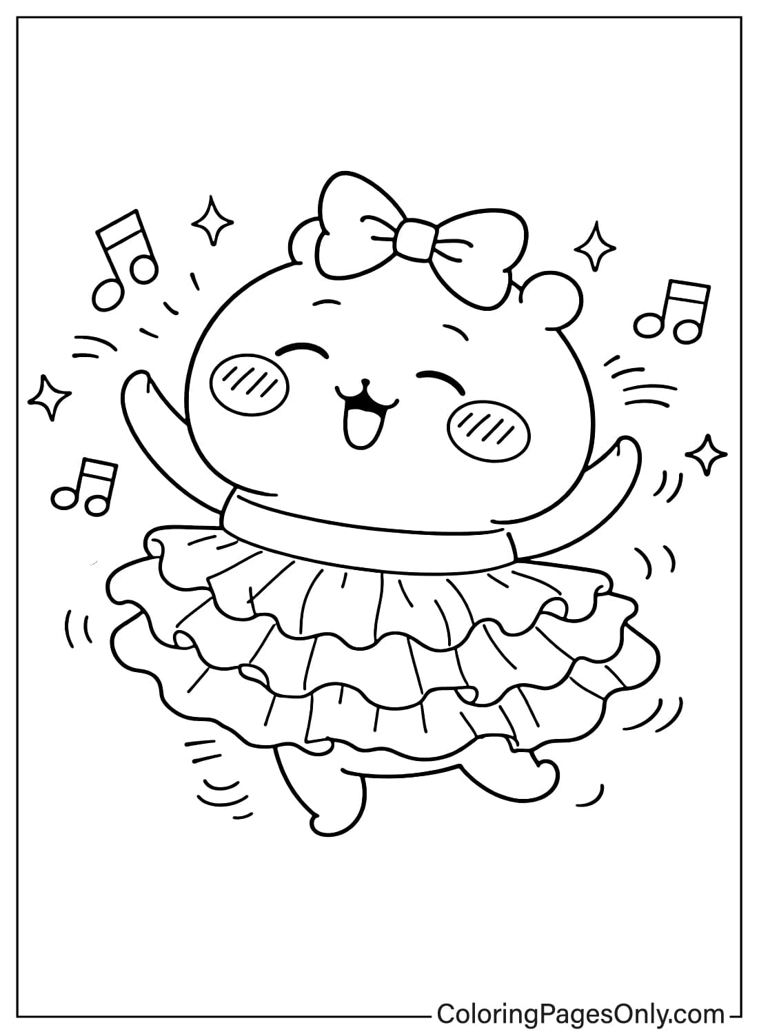 Chiikawa Coloring Pages character dancing in layered dress with music notes from Chiikawa