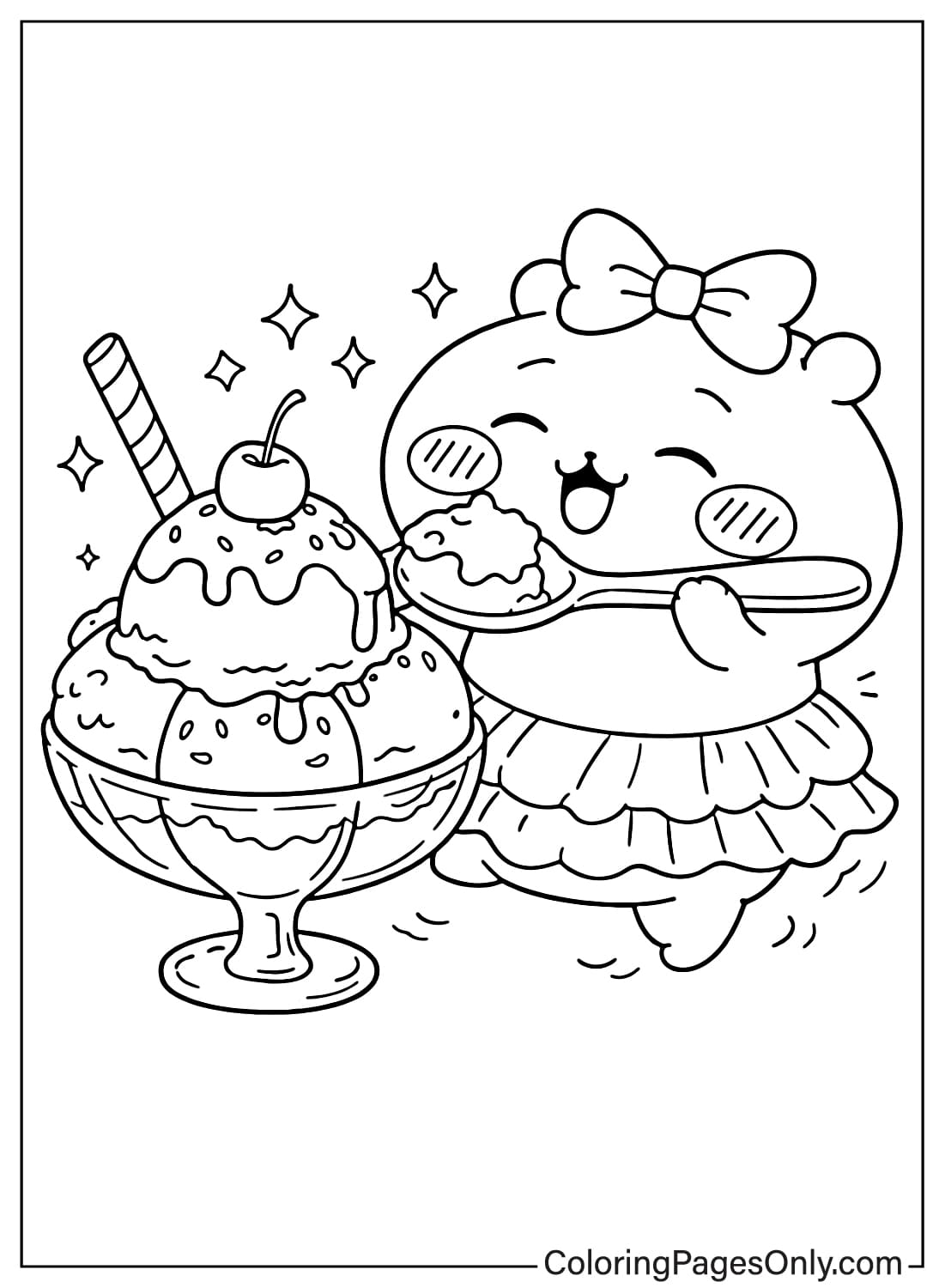 Chiikawa Coloring Pages character eating giant ice cream dessert from Chiikawa