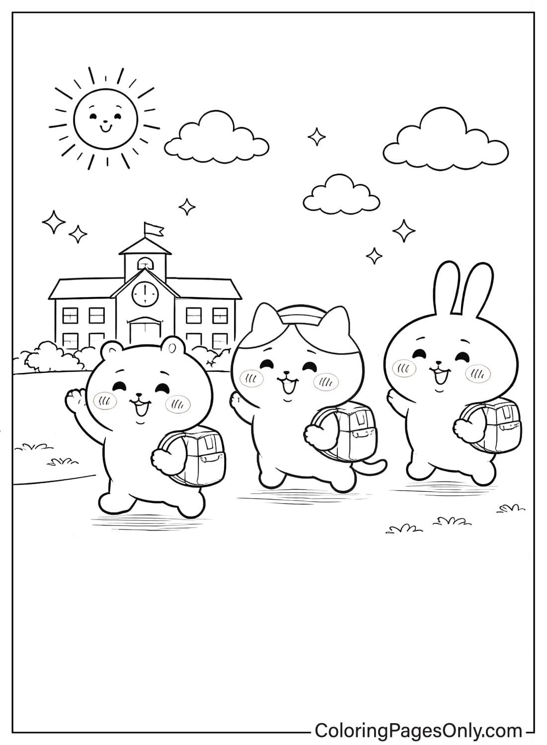 Chiikawa Coloring Pages Chiikawa Hachiware Usagi walking to school with backpacks from Chiikawa