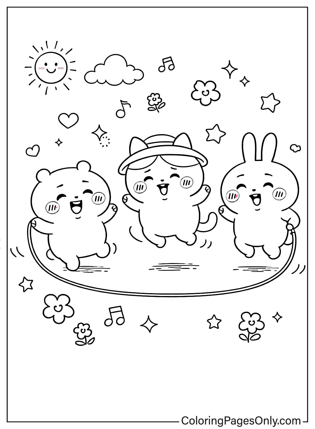 Chiikawa Coloring Pages Chiikawa Hachiware Usagi jumping rope with cute icons from Chiikawa