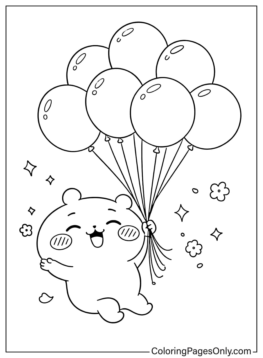 Chiikawa Coloring Pages cute character holding balloons with stars and flowers from Chiikawa