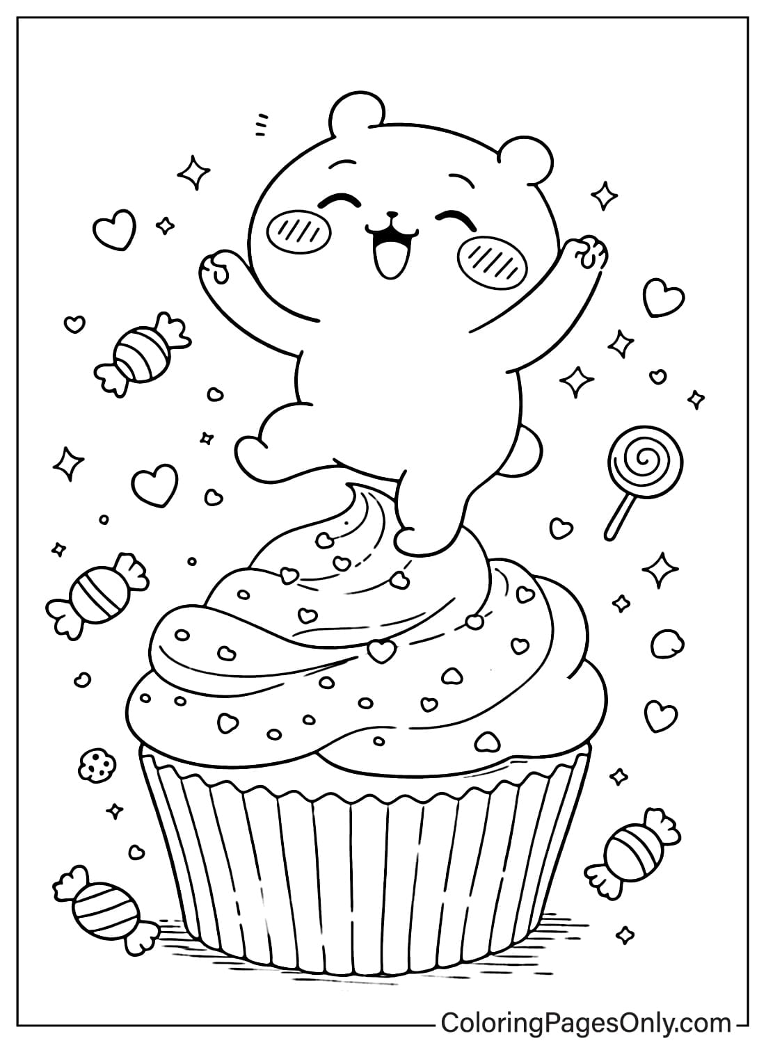 Chiikawa Coloring Pages character jumping on cupcake with candy icons from Chiikawa