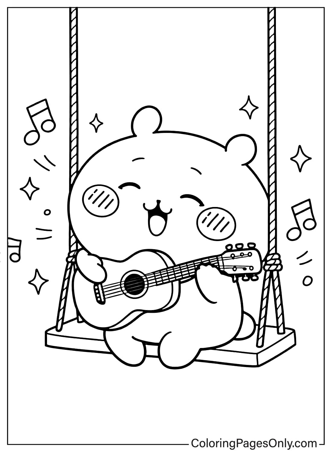 Chiikawa Coloring Pages character playing guitar while sitting on swing from Chiikawa