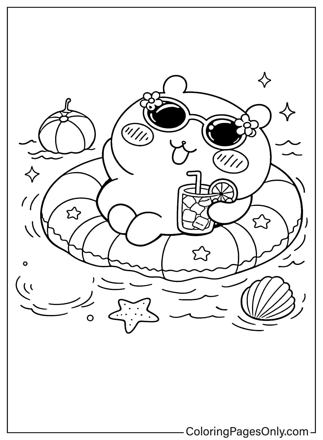 Chiikawa Coloring Pages character relaxing on float with drink at the beach from Chiikawa