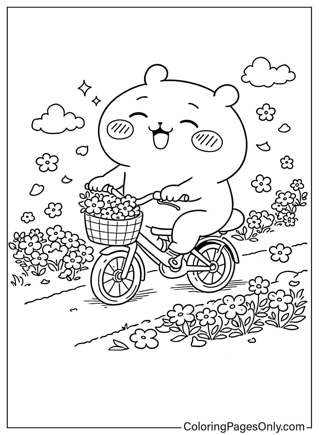 Chiikawa Coloring Pages character riding a bicycle with flower basket from Chiikawa