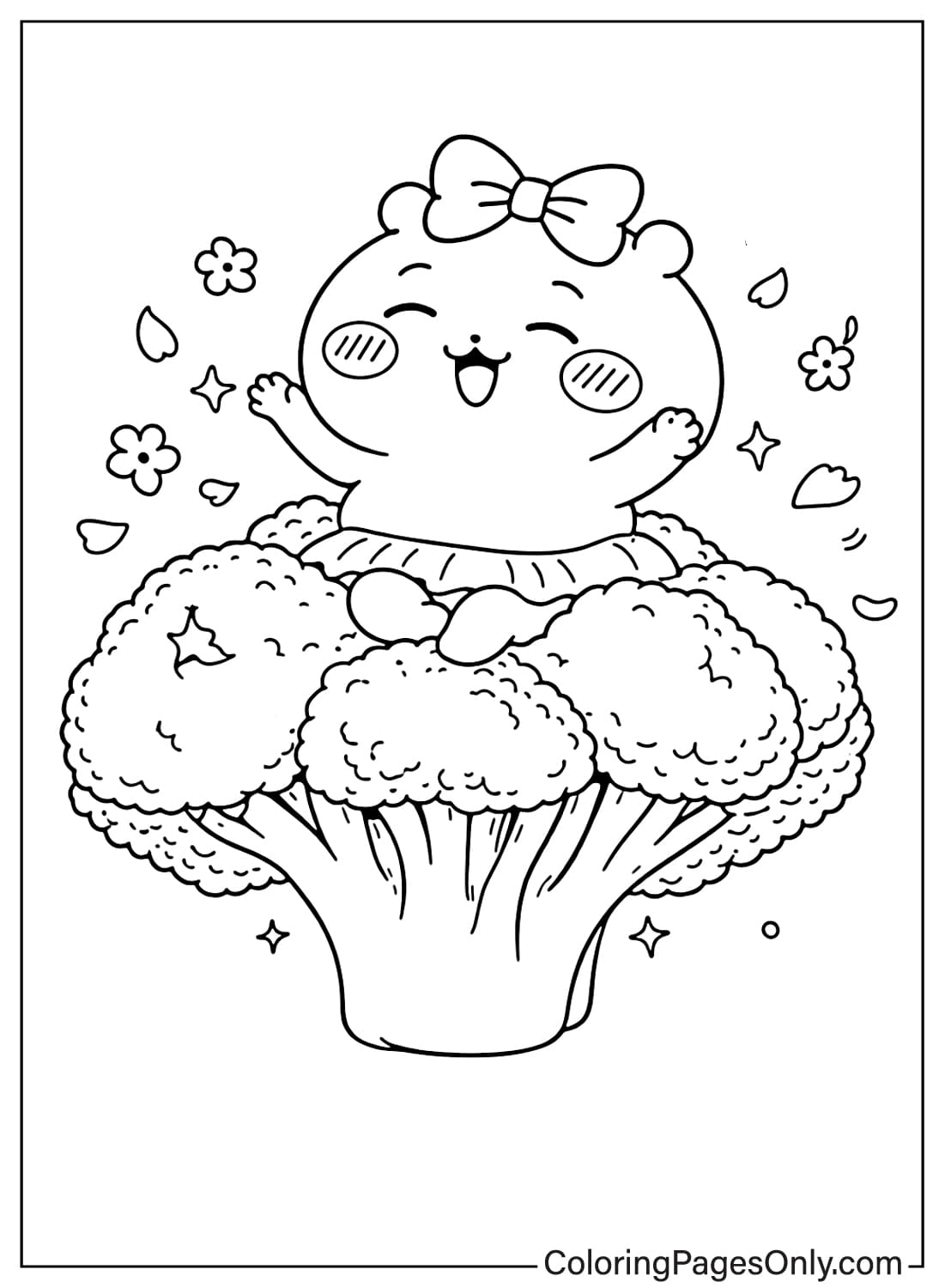 Chiikawa Coloring Pages cute character sitting on giant broccoli with flowers from Chiikawa