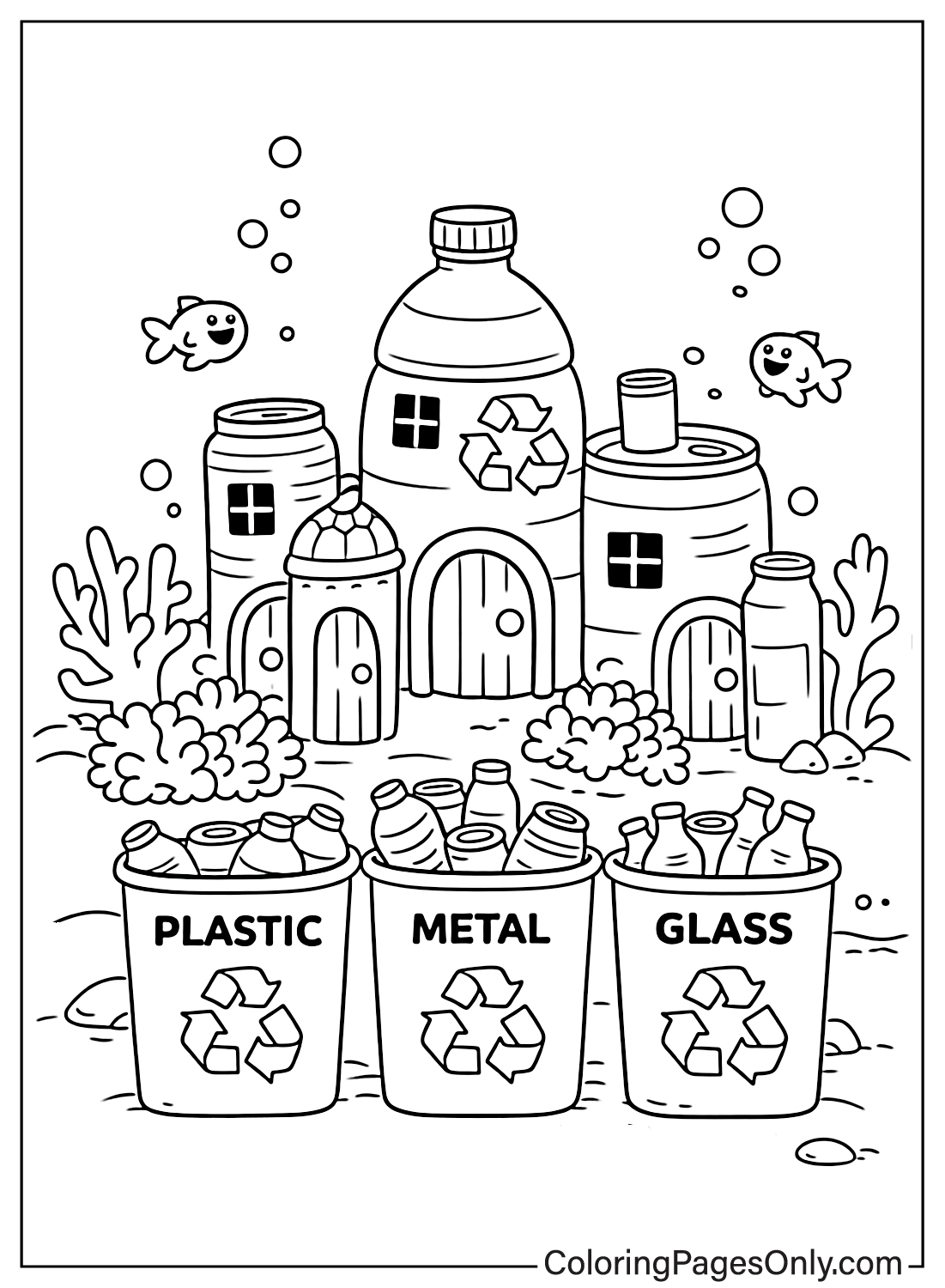 Underwater city made from bottles and cans with recycling bins coloring page from Recycling