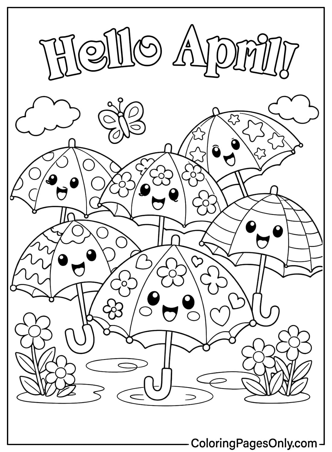 Cute umbrellas with happy faces in a spring April umbrella parade coloring page from April 2026