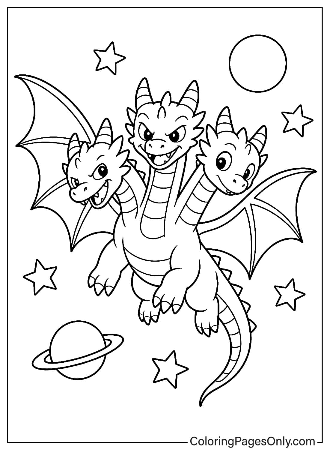 cute baby King Ghidorah flying in space coloring page from King Ghidorah