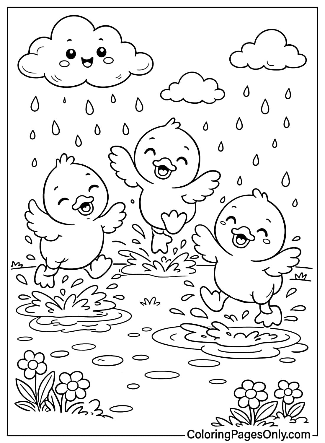 Three cute ducklings jumping in rain puddles under April rain clouds coloring page from April 2026