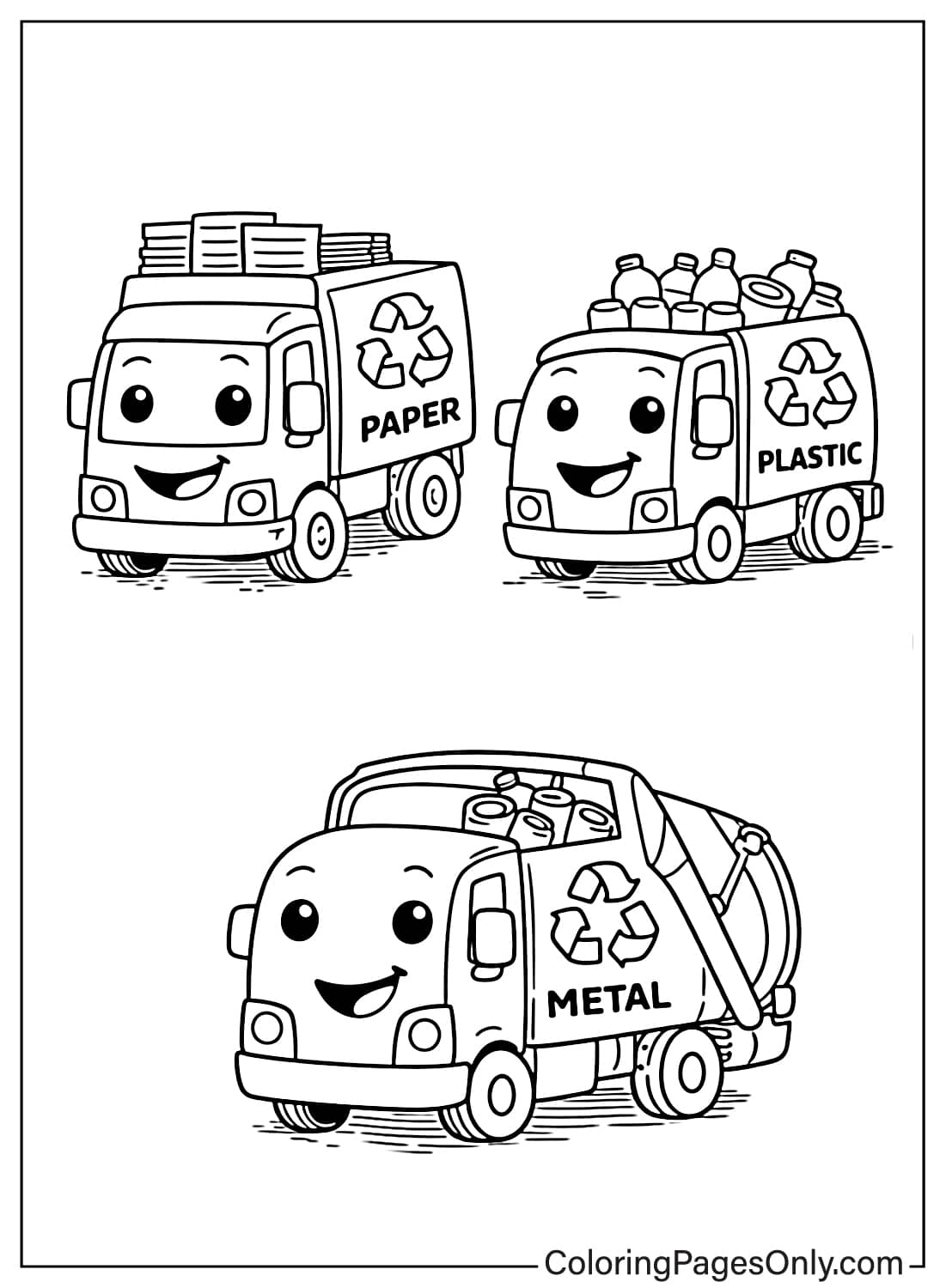 Smiling recycling truck carrying stacks of paper with recycling symbol coloring page from Recycling