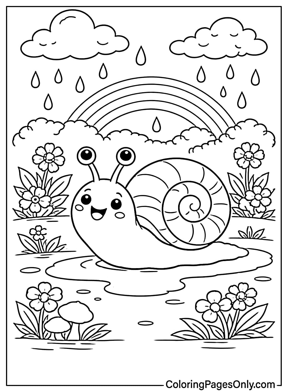 Cute snail crawling after April rain with rainbow and spring flowers coloring page from April 2026