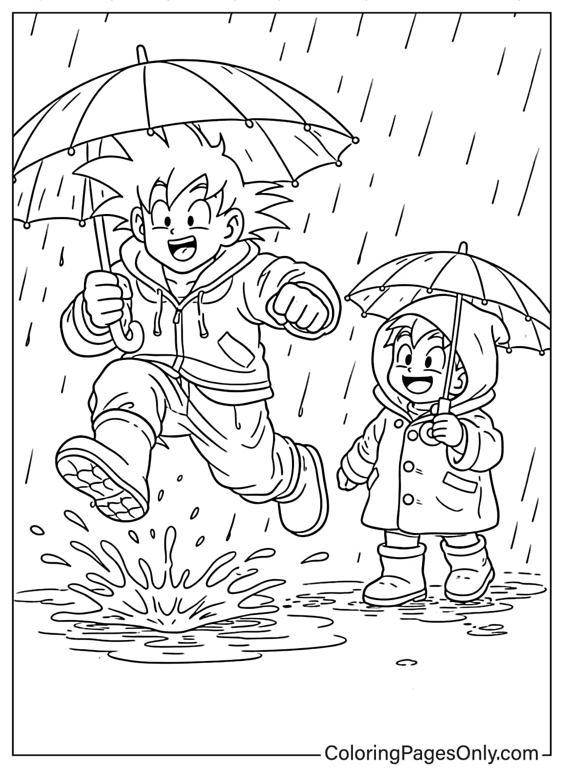Goku and kid jumping in puddle with umbrella Dragon Ball Z coloring pages from Dragon Ball Z