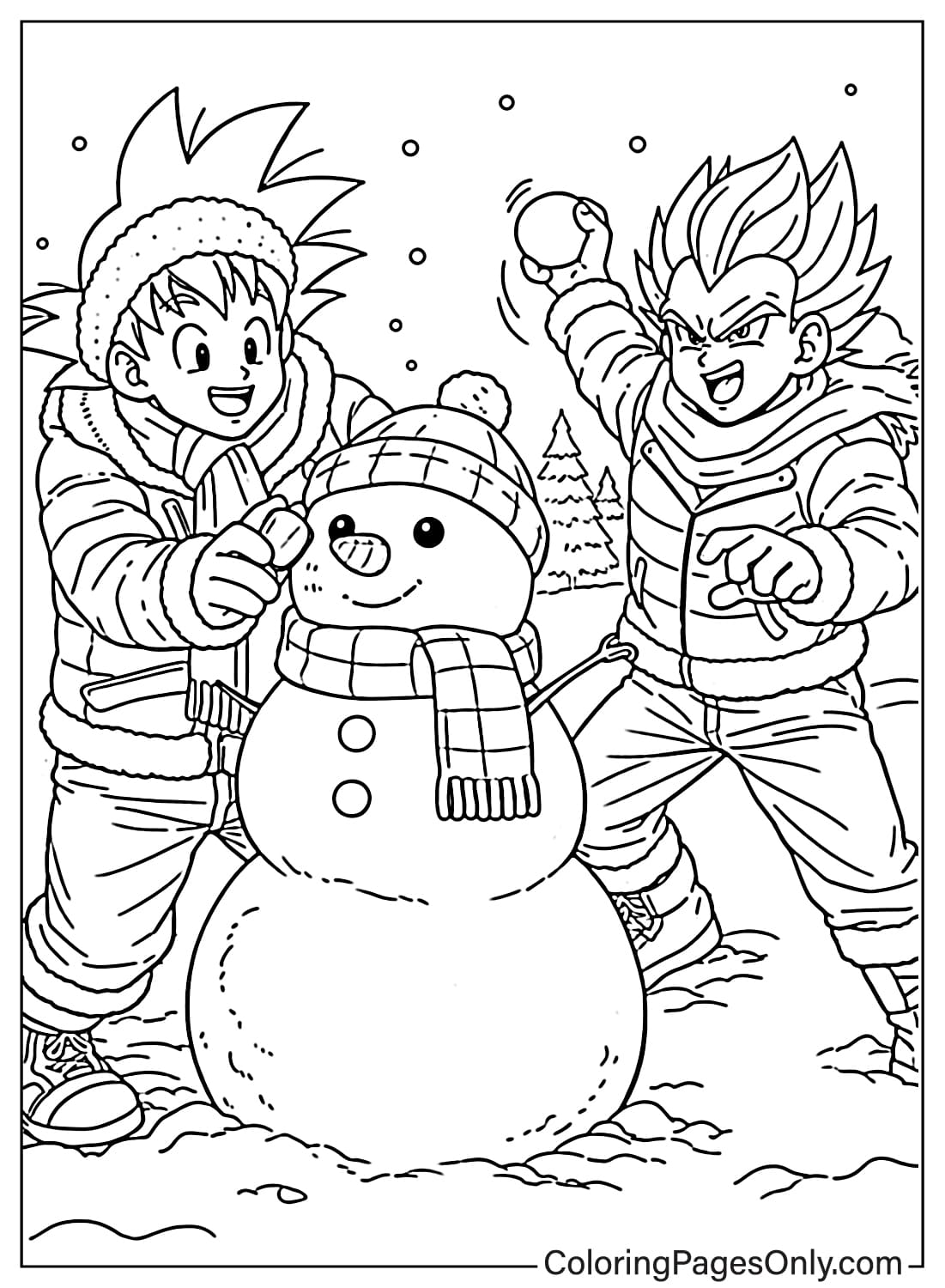 Goku and Vegeta playing snow with snowman Dragon Ball Z coloring pages from Dragon Ball Z
