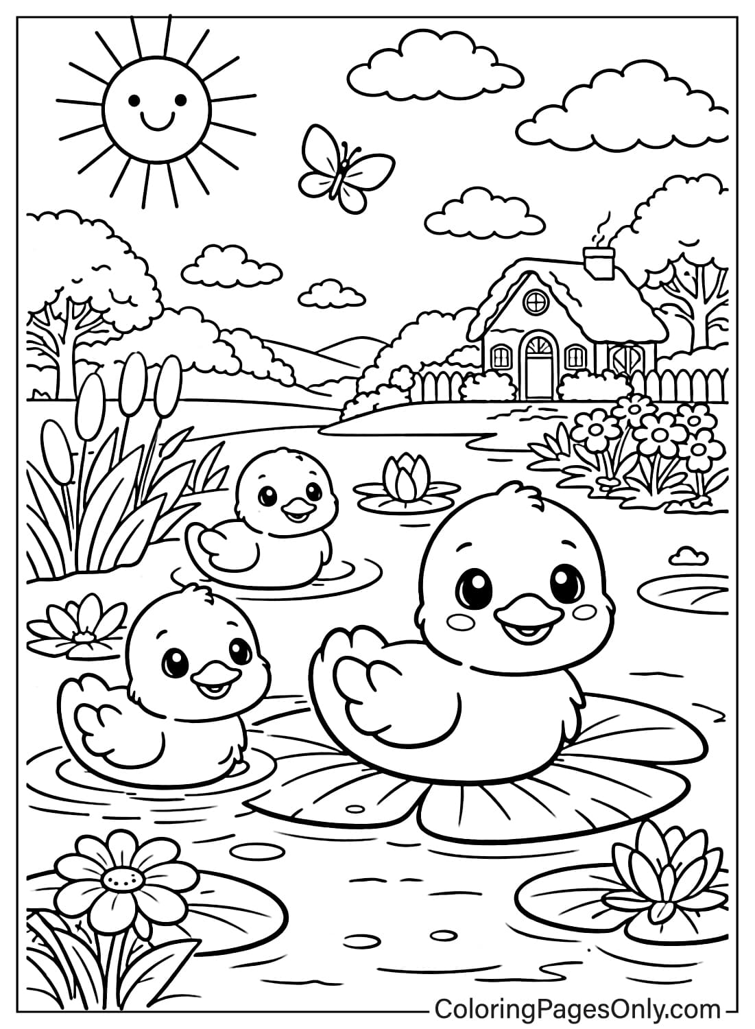 Spring Coloring Pages Ducks Swimming In Pond from Spring