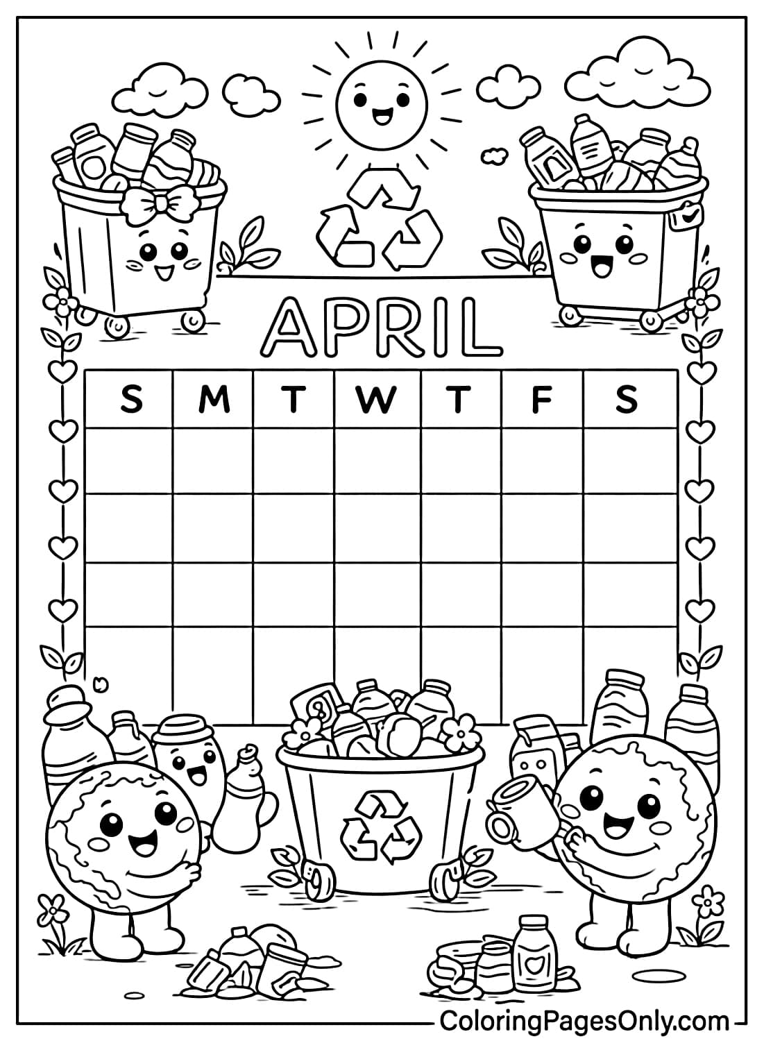 April recycling calendar with Earth characters and recycling bins coloring page from April 2026