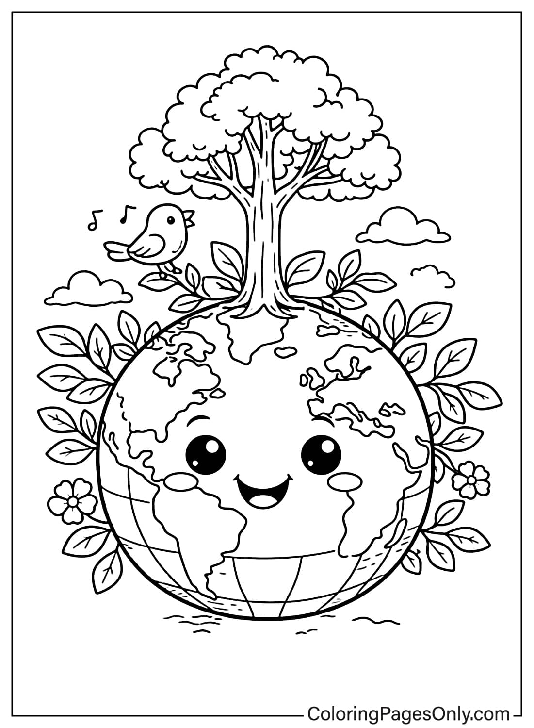 smiling earth with tree bird and leaves earth day coloring page from Earth Day