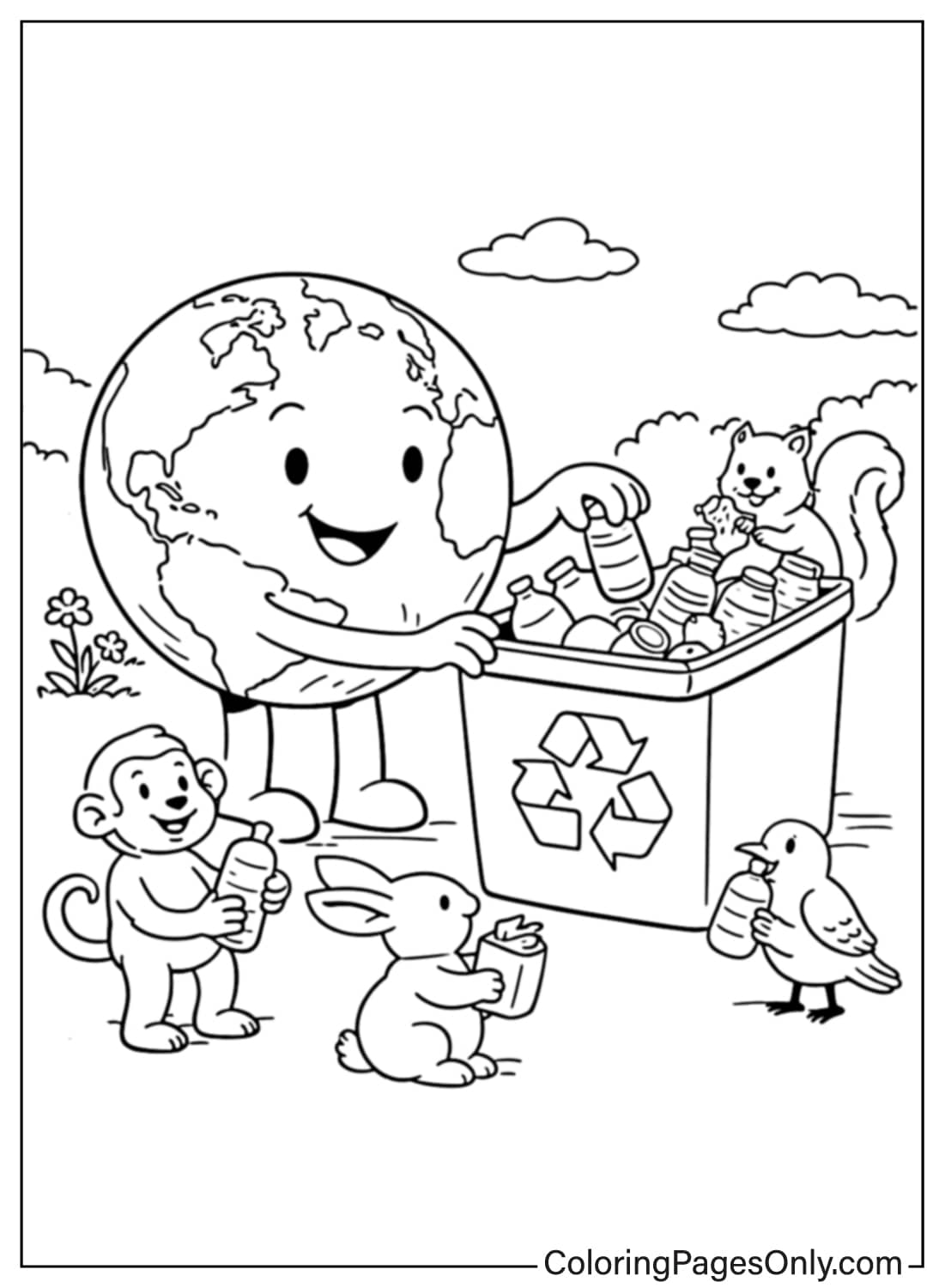 Happy Earth character with animals putting bottles in recycling bin coloring page from Recycling