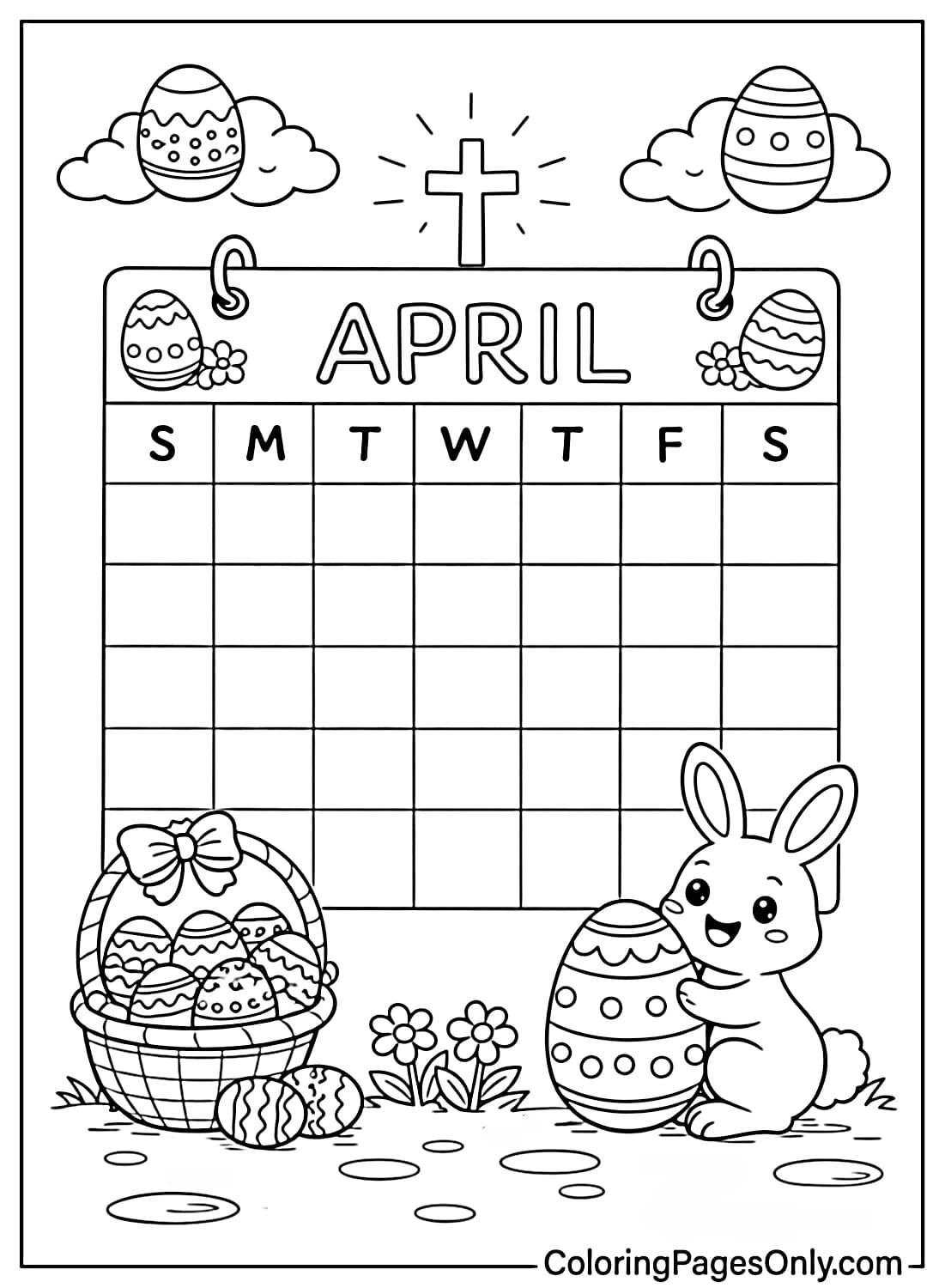 Cute bunny with Easter eggs beside April calendar coloring page from April 2026