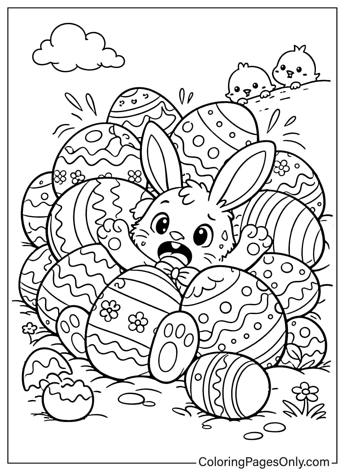 Funny Easter Bunny buried under a pile of decorated Easter eggs coloring page from Easter Bunny