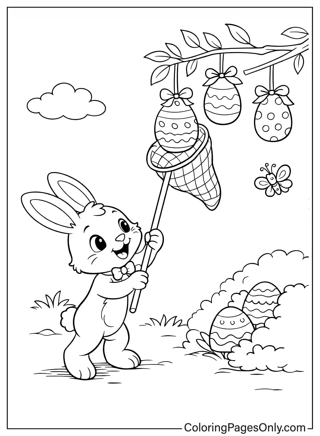 Easter Bunny using a net to catch hanging Easter eggs coloring page from Easter Bunny