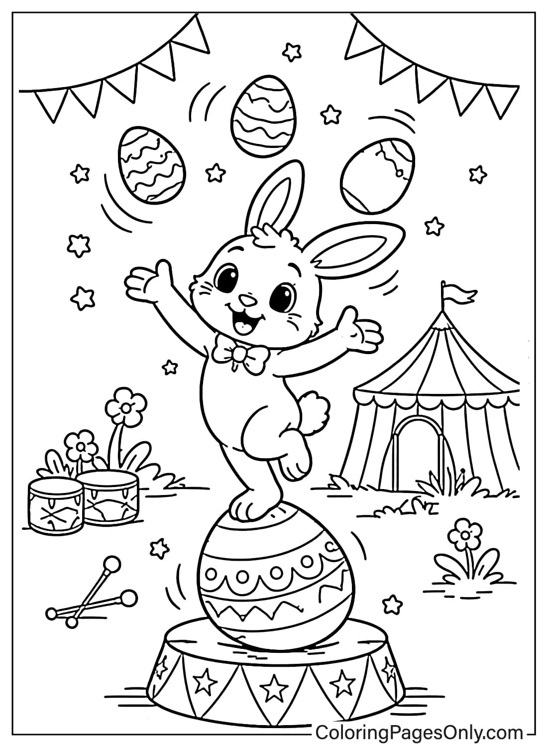 Easter Bunny performing circus balancing on a big Easter egg coloring page from Easter Bunny
