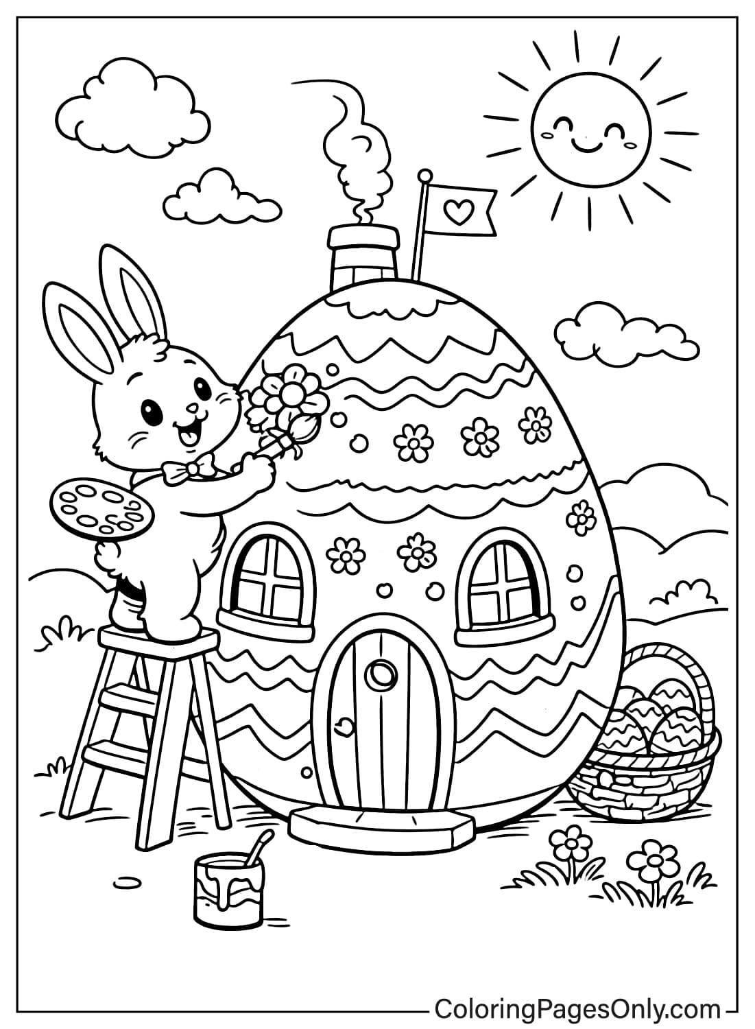 Easter Bunny painting and decorating a giant Easter egg house coloring page from Easter Bunny