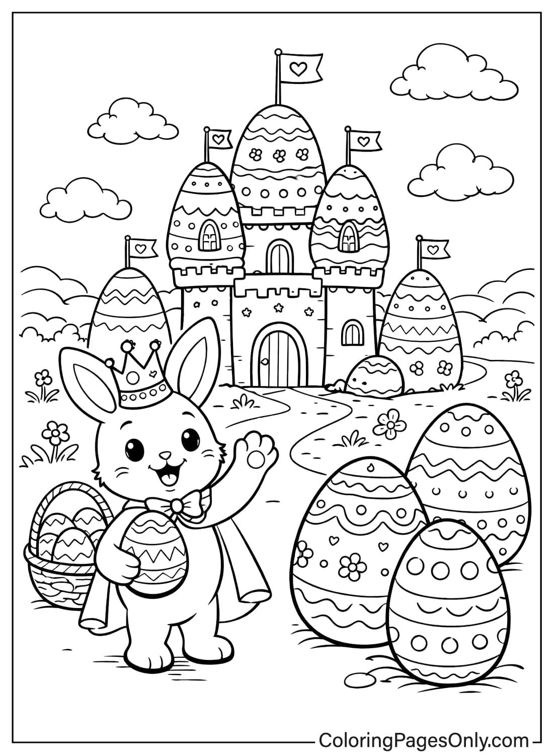 Cute Easter Bunny standing in front of a colorful Easter egg castle coloring page from Easter Bunny