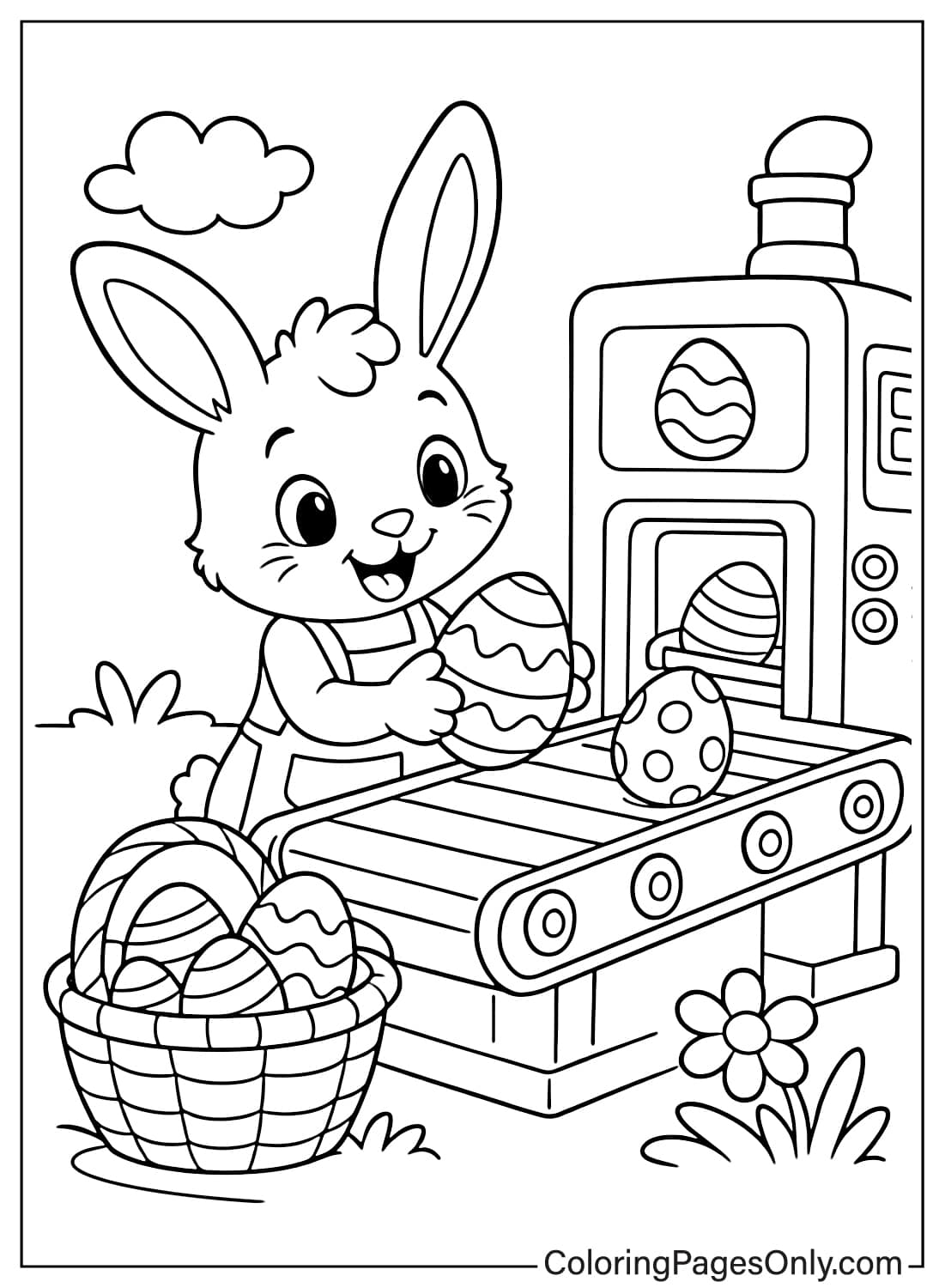 Easter Bunny placing decorated eggs on a conveyor belt in factory coloring page from Easter Bunny