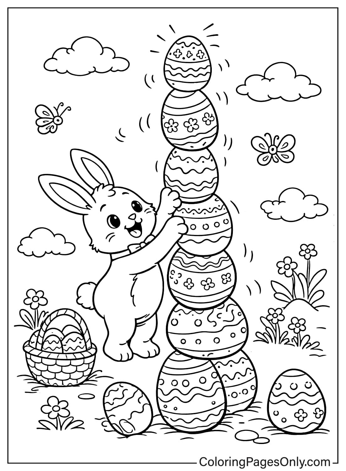 Easter Bunny stacking decorated Easter eggs into a tall tower coloring page from Easter Bunny