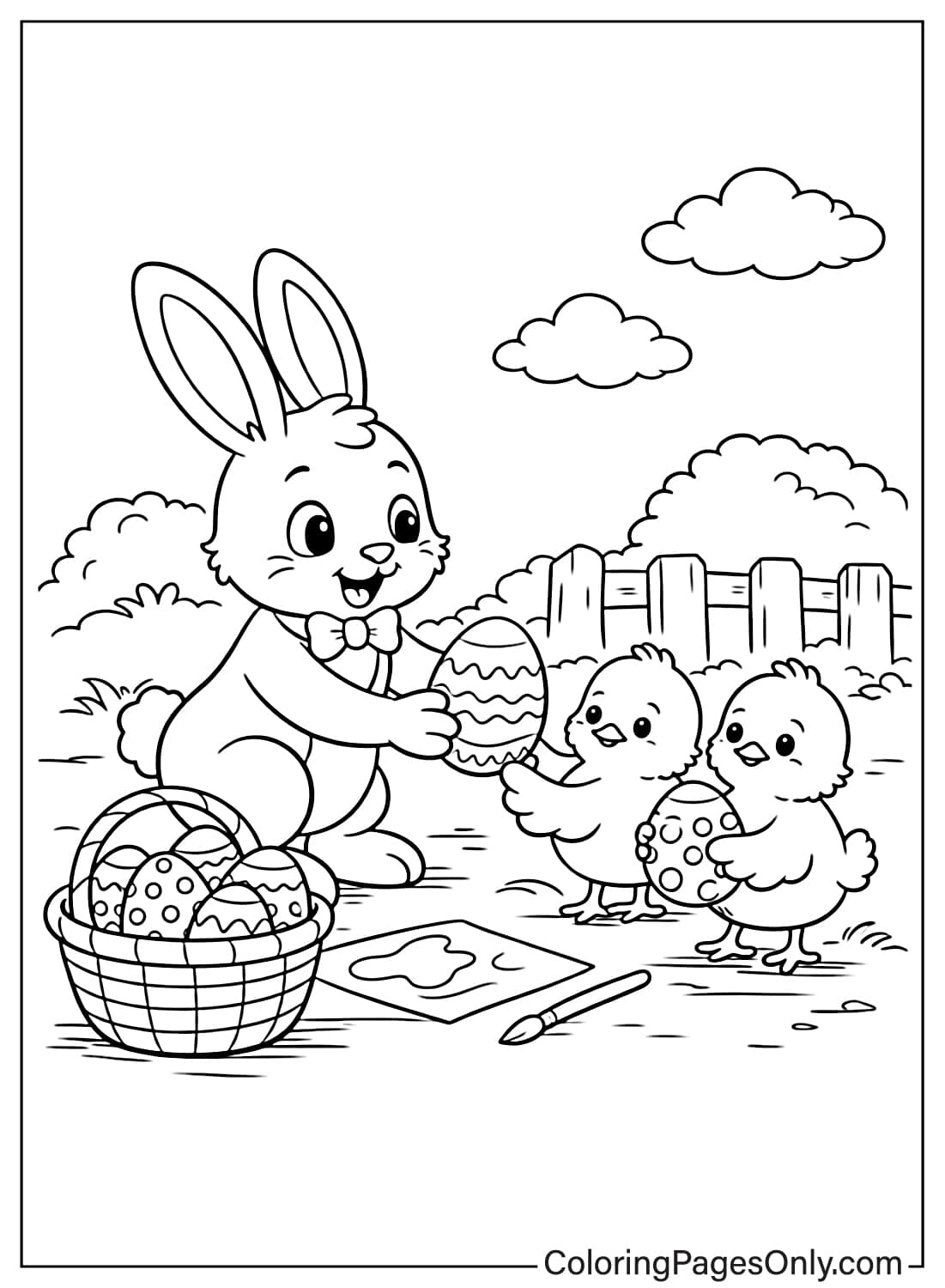 Cute Easter Bunny giving decorated Easter eggs to baby chicks coloring page from Easter Bunny