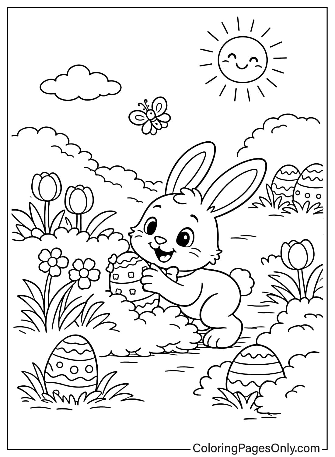 Happy Easter Bunny hiding decorated eggs in a spring garden coloring page from Easter Bunny